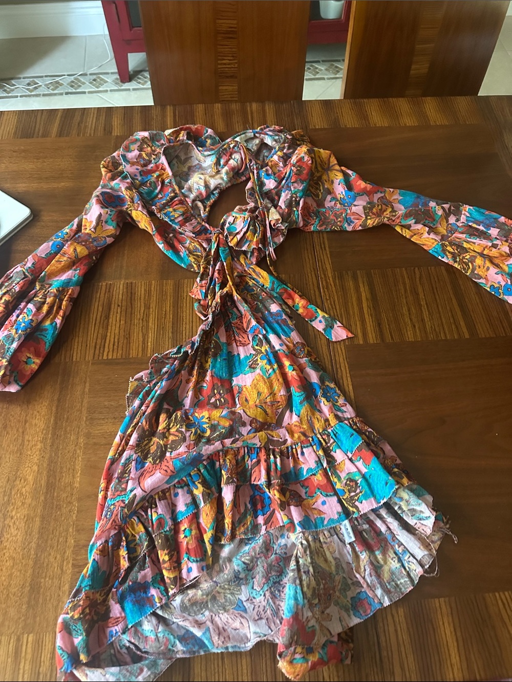 Floral Tie-Front Ruffle Mini Dress in Pink & Turquoise